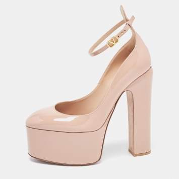 Pre Owned Valentino Beige Patent Leather Tango Platform Ankle Strap Pumps Size 38