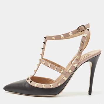 Pre Owned Valentino Black/Pink Leather Rockstud Strappy Pointed Toe Pumps Size 41