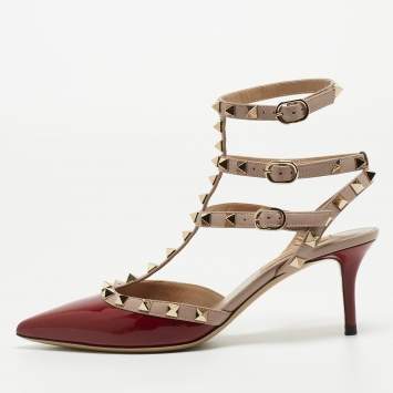 Pre Owned Valentino Pink/Burgundy Patent Leather Rockstud Strappy Pointed Toe Pumps Size 37