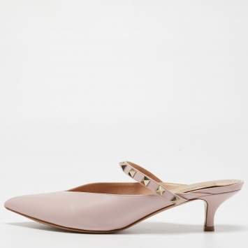 Pre Owned Valentino Pink Leather Rockstud Mules Size 40
