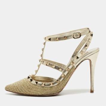 Pre Owned Valentino Gold Leather and Woven Fabric Rockstud Strappy Pointed Toe Pumps Size 40