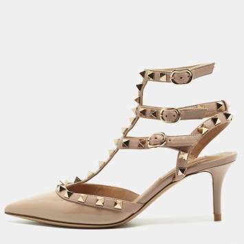 Pre Owned Valentino Beige Leather and Patent Rockstud Caged Pumps Size 35.5