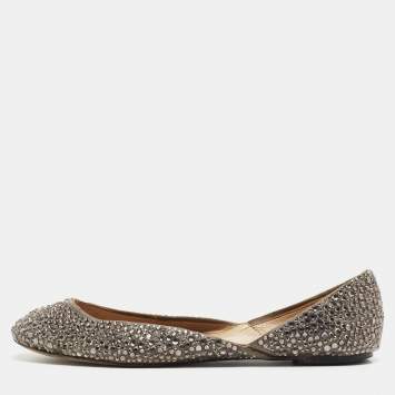 Pre Owned Valentino Grey Satin Crystal Embellished Ballet Flats Size 37.5