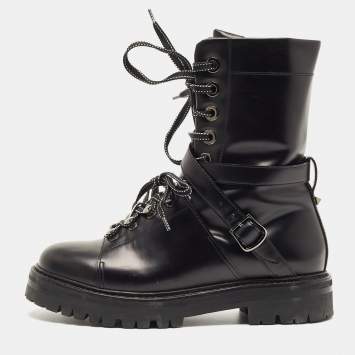 Pre Owned Valentino Black Leather Combat Boots Size 37