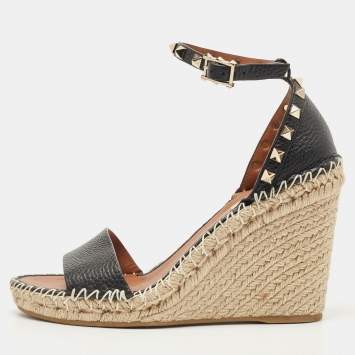 Pre Owned Valentino Black Leather Rockstud Espadrille Wedge Ankle Strap Sandals Size 38