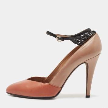 Pre Owned Valentino Beige/Black Leather Ankle Strap Pumps Size 37