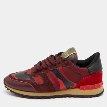 Pre Owned Valentino Red Leather and Canvas Rockrunner Low Top Sneakers Size 39.5