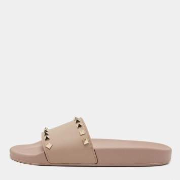 Pre Owned Valentino Beige Rubber Rockstud Slide Flats Size 40