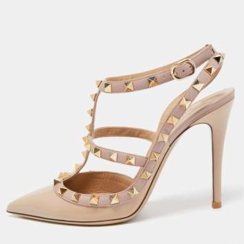 Pre Owned Valentino Beige Leather and Patent  Rockstud Ankle Strap Pumps Size 38