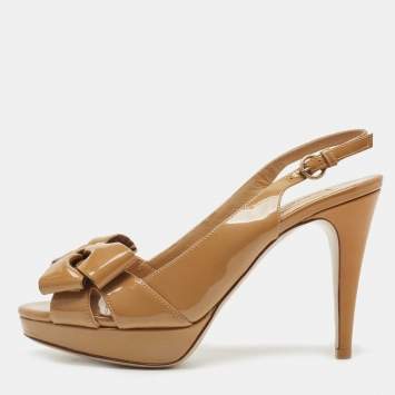 Pre Owned Valentino Beige Patent Leather Bow Platform Slingback Sandals Size 36
