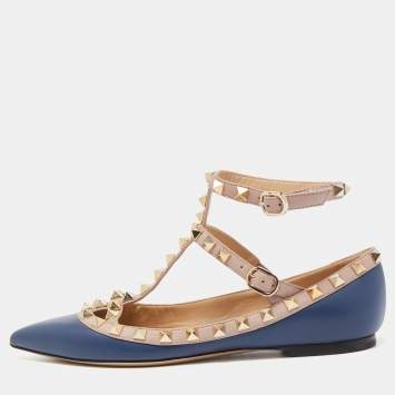 Pre Owned Valentino Blue/Dusty Pink Leather Rockstud Ankle Strap Ballet Flats Size 35