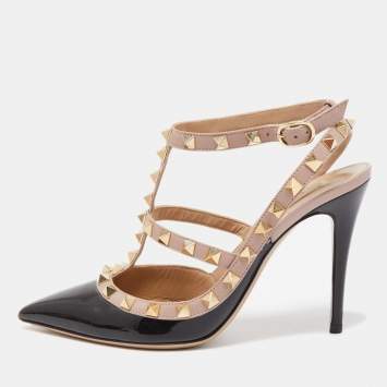 Pre Owned Valentino Black/Beige Patent Leather And Leather Rockstud Ankle Strap Pumps Size 36.5