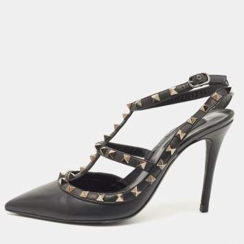 Pre Owned Valentino Black Leather Rockstud  Pumps Size 38.5