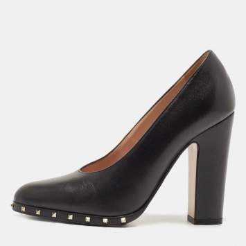 Pre Owned Valentino Black Leather Rockstud Block Heel Pumps Size 36