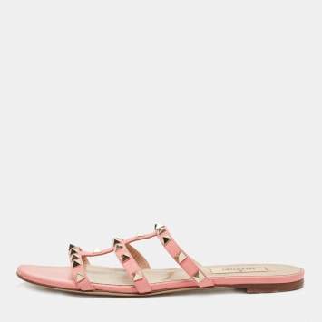 Pre Owned Valentino Pink Leather Rockstud Flat Slides Size 39