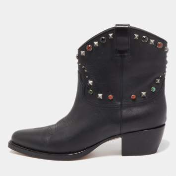 Pre Owned Valentino Black Leather Rolling Stud Cowboy Boots Size 41