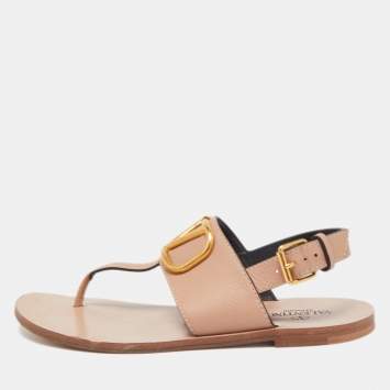 Pre Owned Valentino Light Pink Leather Escape V logo Flat Sandals Size 37.5