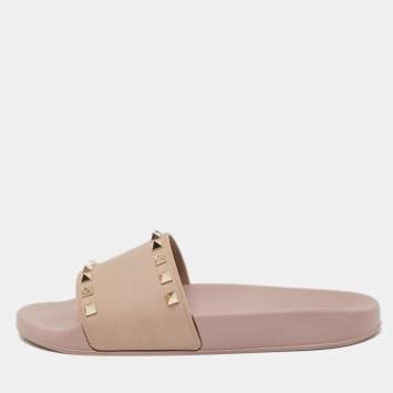 Pre Owned Valentino Pink Rubber Rockstud Flat Slides Size 40