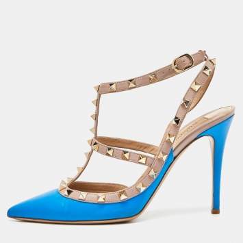 Pre Owned Valentino Blue/Pink Leather Rockstud Ankle Strap Pumps Size 40