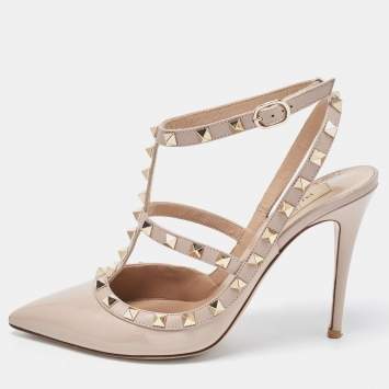 Pre Owned Valentino Dusty Pink Patent Leather Rockstud Ankle Strap Pumps Size 39.5