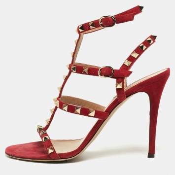 Pre Owned Valentino Red Suede Rockstud Ankle Strap Sandals Size 39