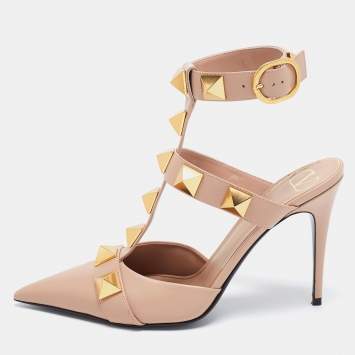 Pre Owned Valentino Beige Leather Roman Stud Ankle Cuff Pointed Toe Pumps Size 39