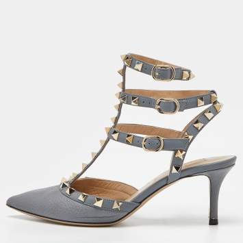 Pre Owned Valentino Grey Leather Rockstud Ankle-Strap Pumps Size 35