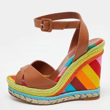 Pre Owned Valentino Multicolor Leather Espadrille Wedge Ankle Strap Sandals Size 36