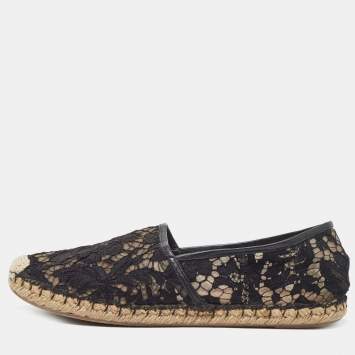 Pre Owned Valentino Black Mesh and Lace Espadrille Flats Size 40