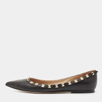 Pre Owned Valentino Black Leather Rockstud Ballet Flats Size 37