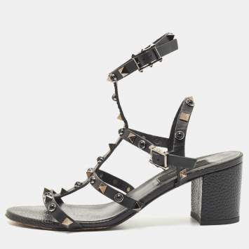 Pre Owned Valentino Black Leather Rockstud  Ankle Strap Sandals Size 37