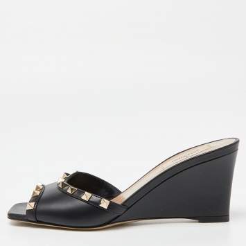 Pre Owned Valentino Black Leather Rockstud 70 Wedge Sandals Size 38