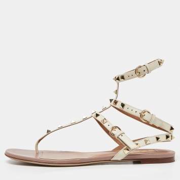 Pre Owned Valentino Cream Leather Rockstud Ankle Strap Flat Sandals Size 41