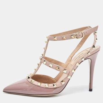 Pre Owned Valentino Beige Patent Rockstud Ankle Strap Pumps Size 37.5 