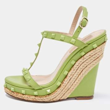 Pre Owned Valentino Green Leather Rockstud Wedge Sandals Size 37
