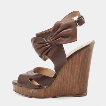 Pre Owned Valentino Brown Leather Wedge Sandals Size 37