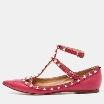 Pre Owned Valentino Pink Leather Rockstud Ankle Strap Ballet Flats Size 37.5