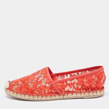 Pre Owned Valentino Red Lace and Leather Butterfly Espadrille Flats Size 39