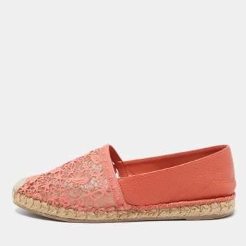 Pre Owned Valentino Orange Lace and Leather Espadrille Flats Size 38
