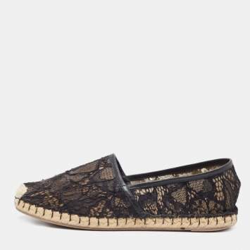 Pre Owned Valentino Black Lace and Leather Butterfly Espadrille Flats Size 38