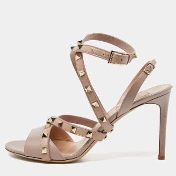 Pre Owned Valentino Dusty Pink Leather Rockstud Ankle Wrap Sandals Size 40