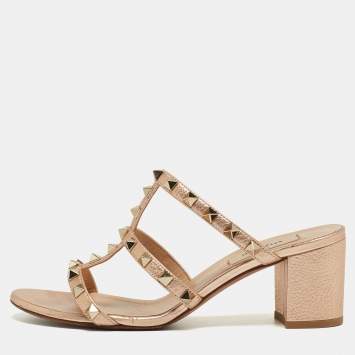 Pre Owned Valentino Rose Gold Leather Rockstud Slide Sandals Size 37
