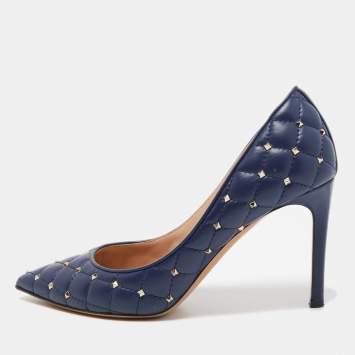 Pre Owned Valentino Blue Quilted Leather Rockstud Pointed Toe Pumps Size 36.5