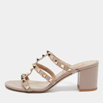 Pre Owned Valentino Dusty Pink Leather Rockstud Strappy Block Heel Sandals Size 35.5