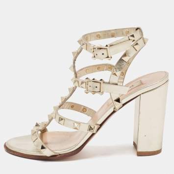 Pre Owned Valentino Gold Leather Rockstud Ankle Strap Sandals Size 37
