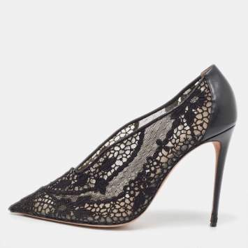 Pre Owned Valentino Black Leather and Lace  Fusion Pointed Toe Pumps Size 41