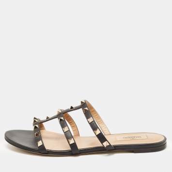 Pre Owned Valentino Black Leather Rockstud Flat Slides Size 39.5