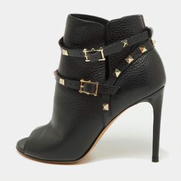 Pre Owned Valentino Black Leather Rockstud Open Toe Ankle Boots Size 38