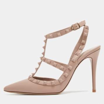 Pre Owned Valentino Beige Leather Rockstud Ankle Strap Pumps Size 37