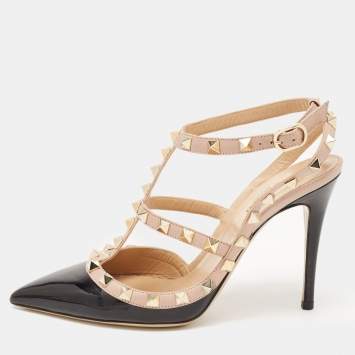 Pre Owned Valentino Black/Beige Patent Leather Rockstud Pumps Size 36